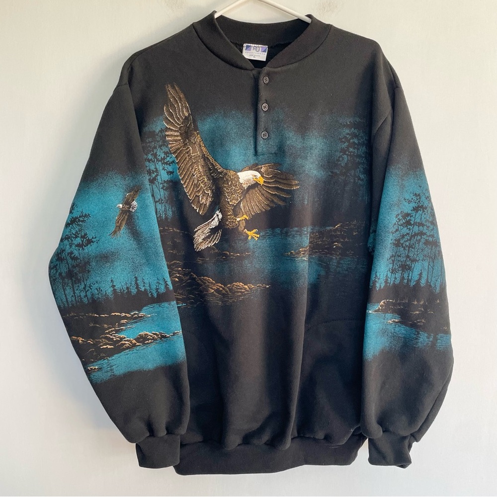 AU Sportswear Vintage Eagle Crewneck Sweater Black Blue Button American Size XL